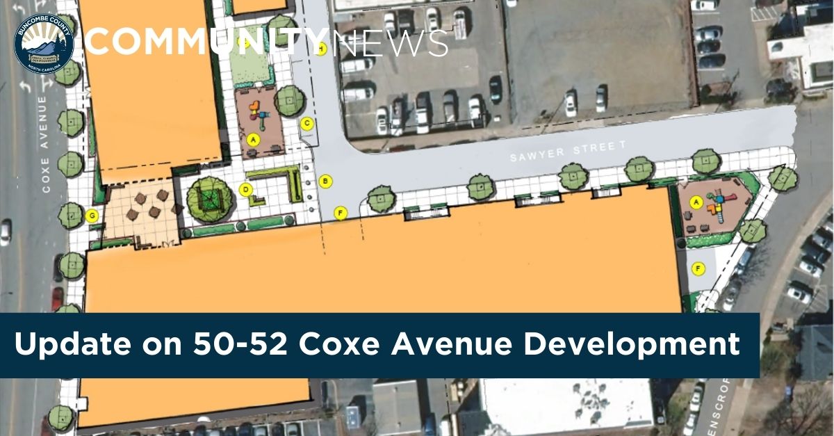 Map of proposed Coxe Avenue affordable housing development with superimposed text stating community news and update on 50-53 coxe avenue development