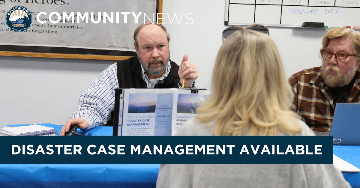 Disaster Case Managers sitting at a table with superimposed text that says community news and disaster case management now available