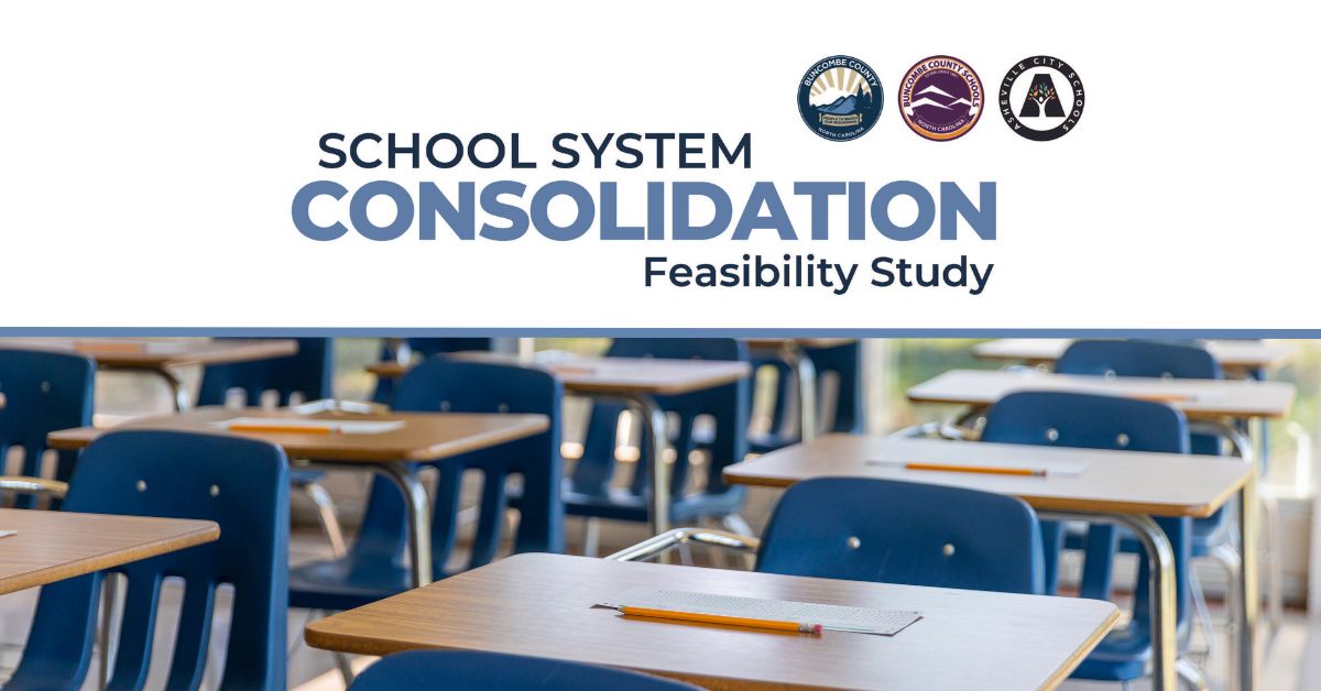 school desks with school system consolidation graphics